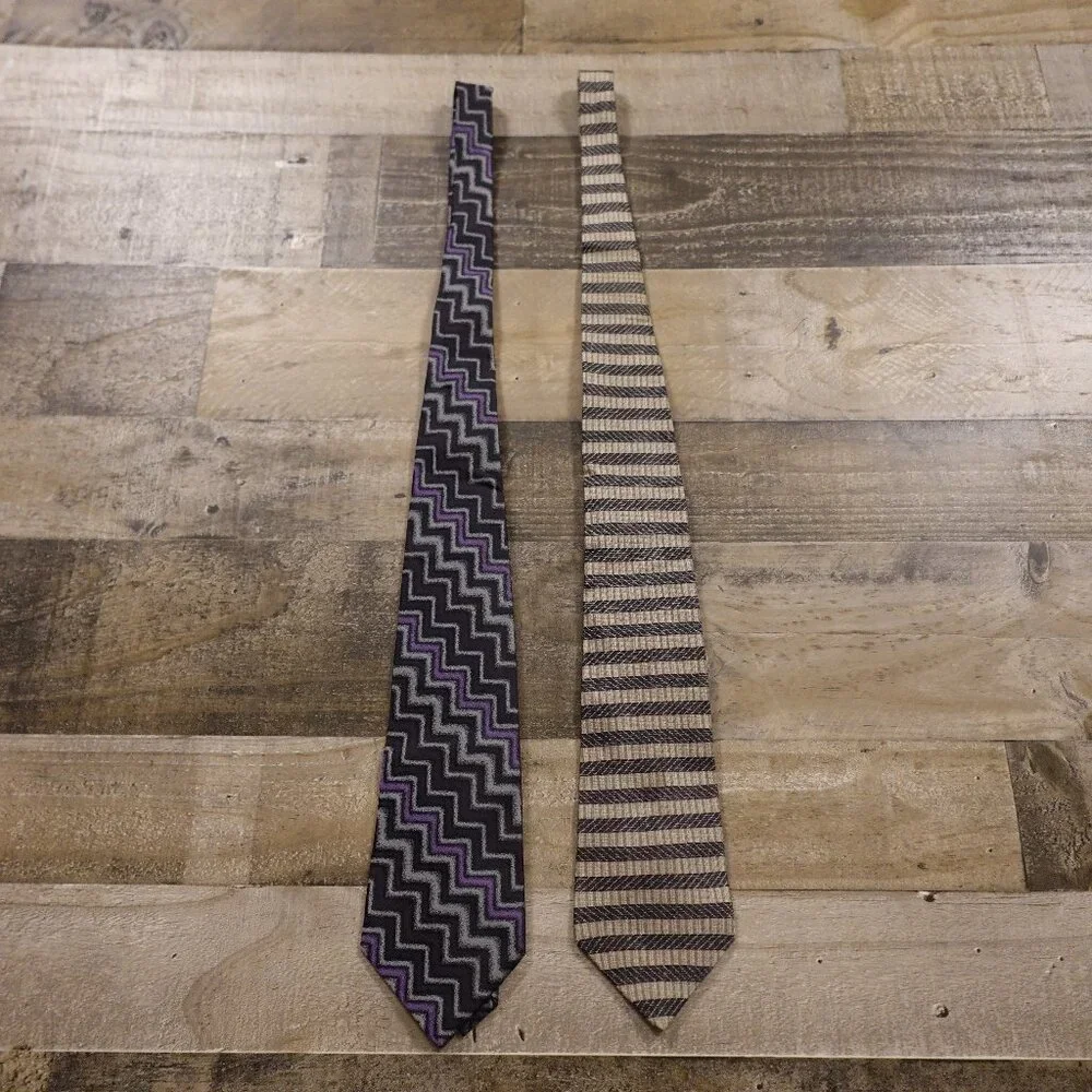 Claiborne & Crazy Horse Silk Tie Bundle Purple‎ Chevron & Tan Stripe Lot of 2
